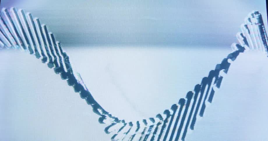 A stylized digital animation of a DNA strand twisting and turning with analog screen interference