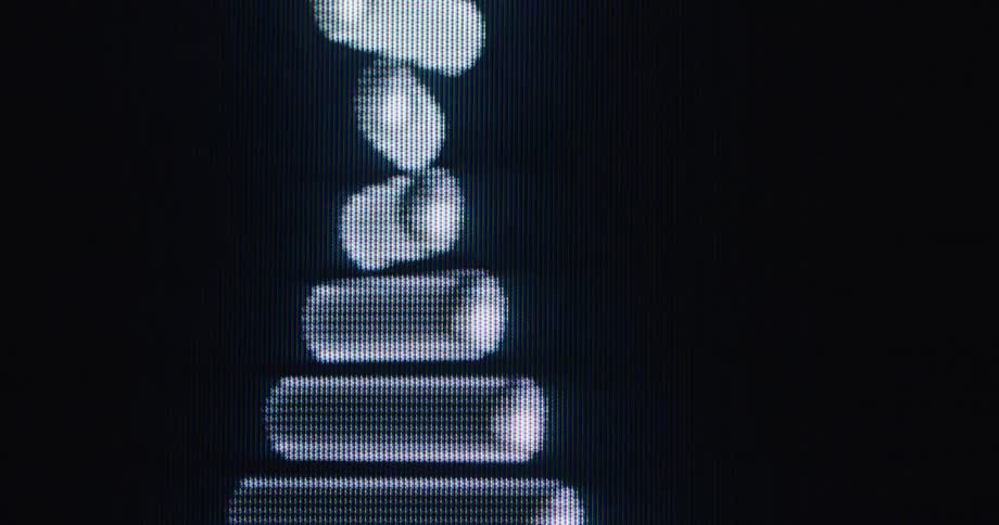Abstract animation of glowing horizontal white bars forming a funnel shape, viewed on a pixelated screen