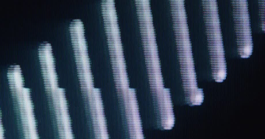 A pixelated digital audio equalizer with white bars moves rhythmically across a dark screen