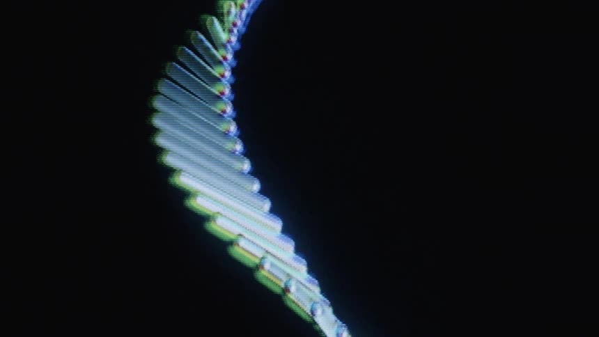 A slowly rotating digital helix with a pixelated, chromatic aberration effect on a black background
