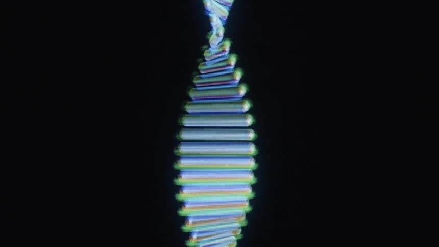 A close-up, pixelated animation of a DNA double helix rotating with a glitchy CRT screen effect against a black background