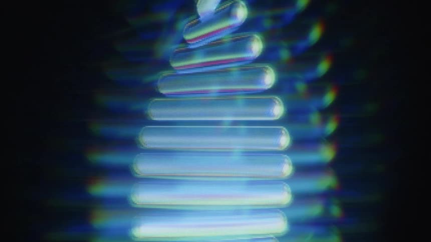 A stylized animation of a glowing blue DNA double helix rotating in a seamless loop on a dark background
