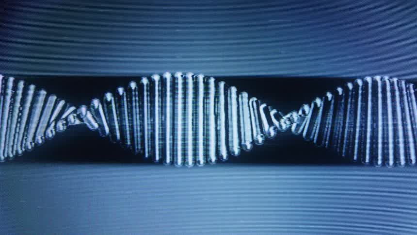 A seamless loop of a digital DNA double helix rotating horizontally on a blue, scientific display with a subtle glitch effect