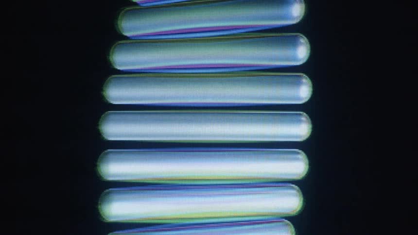 Close-up of a stylized, rotating DNA helix with a retro, pixelated CRT screen effect