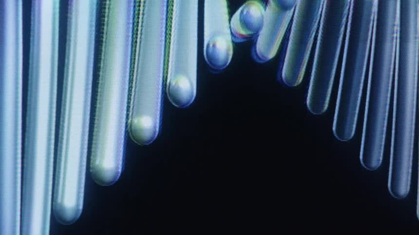 A close-up, stylized animation of a DNA double helix rotating on a pixelated screen