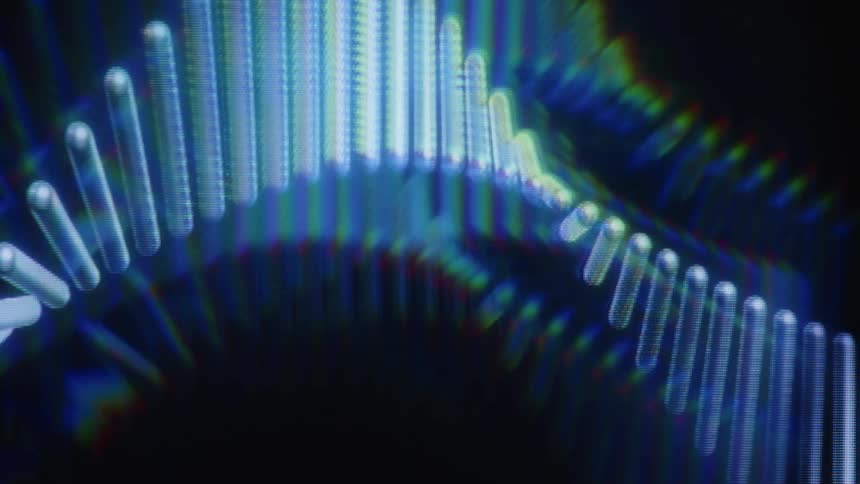 A futuristic digital animation of a blue DNA helix slowly rotating on a dark background with a prism effect