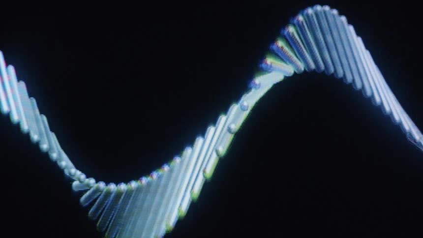 A macro view of a pixelated, digital DNA strand slowly rotating and undulating against a black background