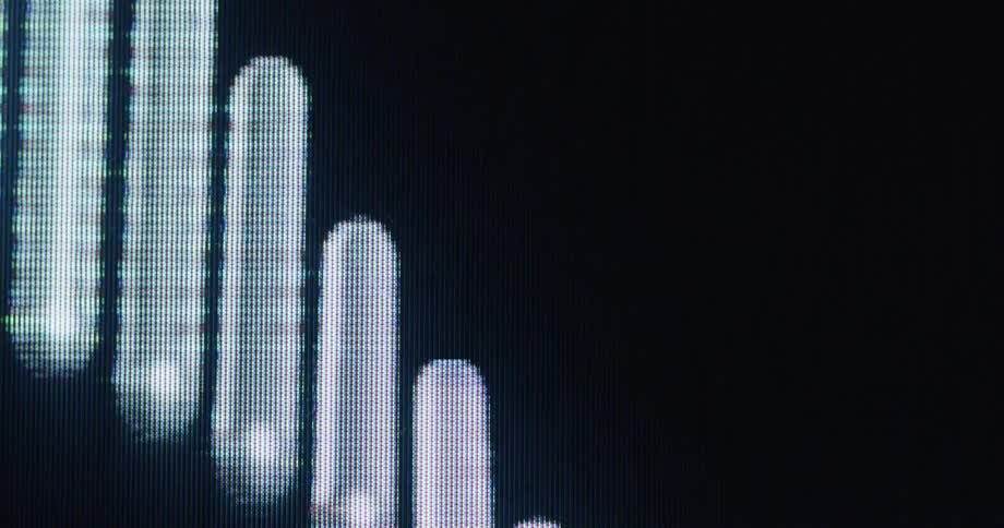A macro close-up of a pixelated digital screen shows a signal strength or loading indicator animating