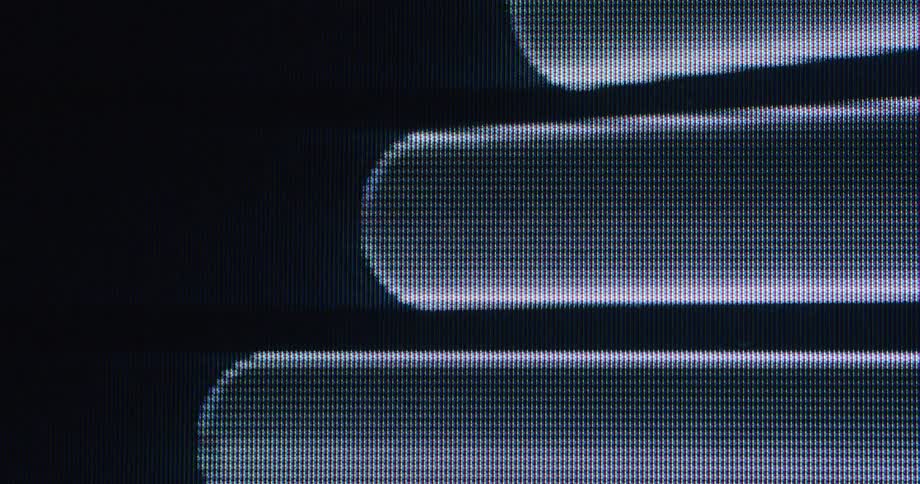 A close-up of a pixelated screen displays animating abstract white bars with a retro scanline effect