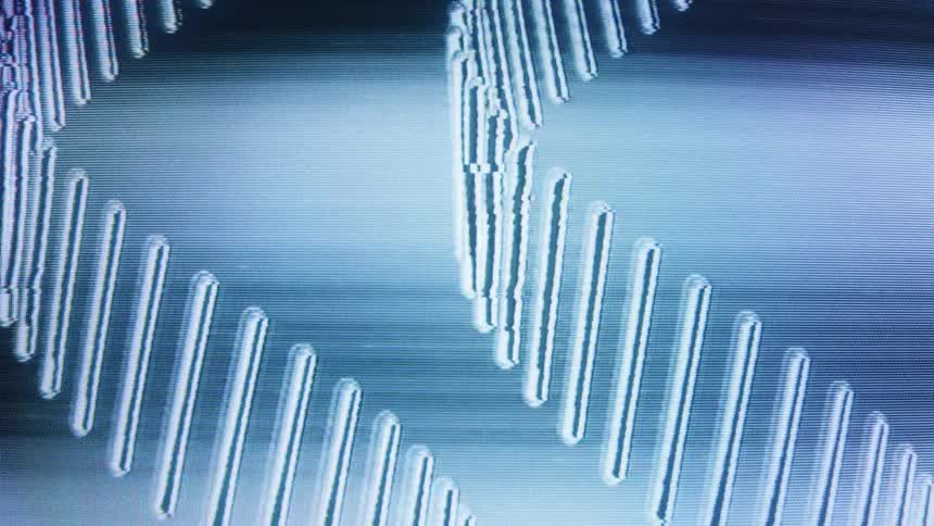 A close-up of a pixelated, glitching digital screen shows an abstract, rotating double helix pattern with scan lines and noise