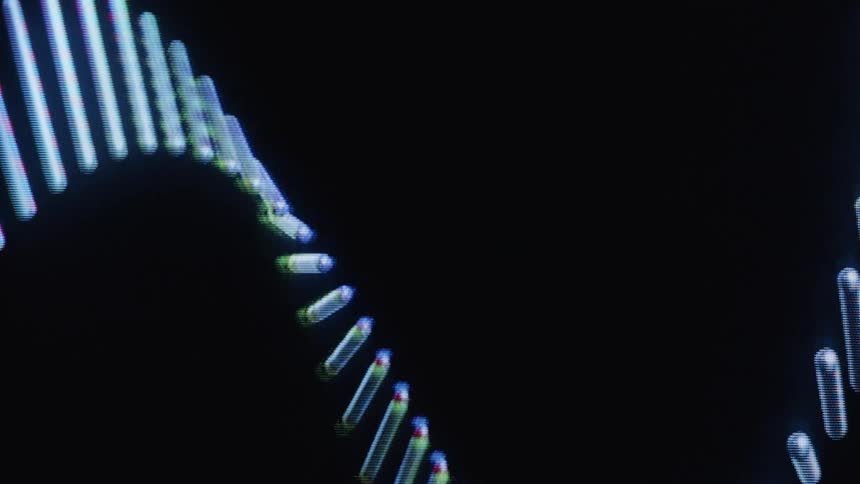 A stylized, glowing DNA double helix slowly rotates in a mesmerizing, pixelated animation on a screen