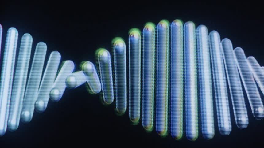 An animated model of a DNA double helix rotates and unzips in a futuristic, digital display