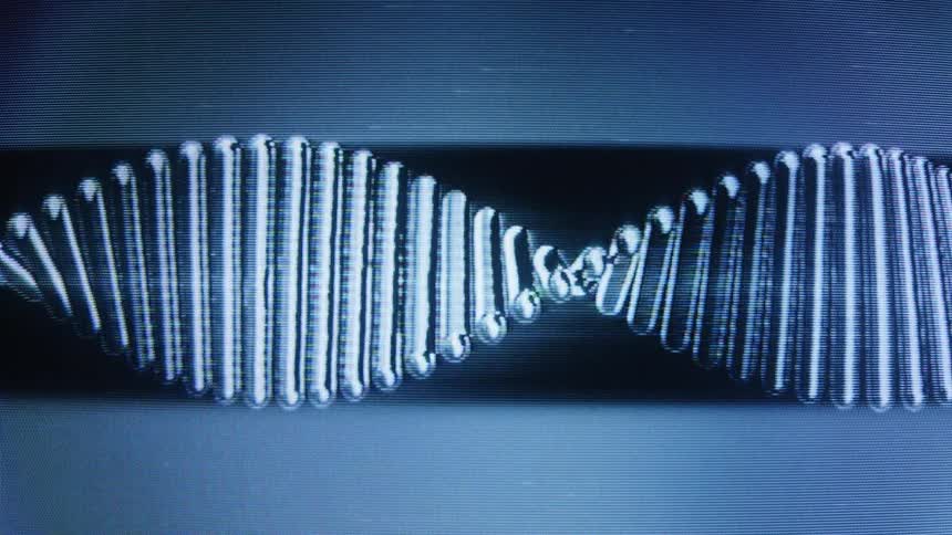 A futuristic digital animation shows a metallic DNA double helix rotating on a blue background with glitch effects