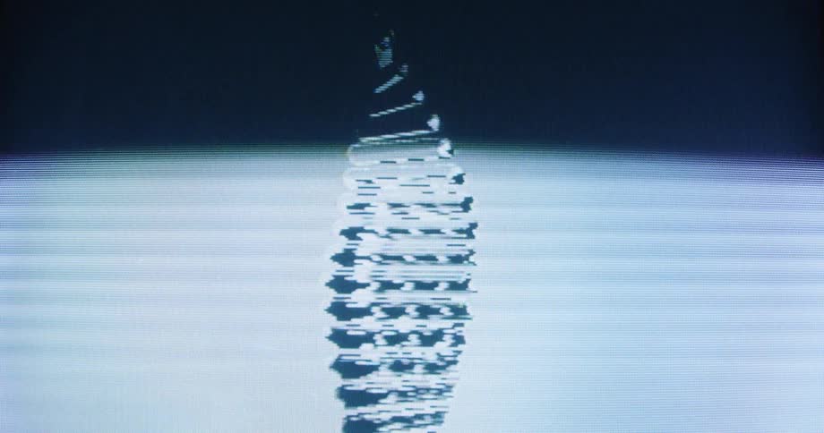 A digital representation of a DNA double helix rotates with a retro CRT screen glitch effect