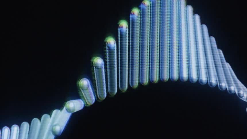 A macro, close-up shot of a stylized, computer-animated DNA double helix strand slowly rotating against a black background