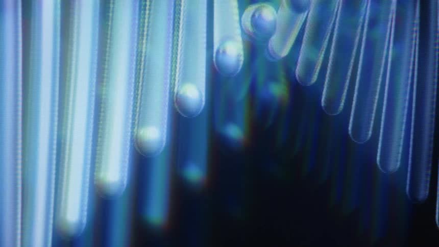 A stylized 3D animation of a glowing blue DNA helix slowly rotating with a digital glitch effect against a dark background
