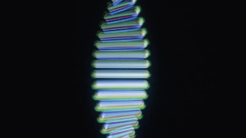 A stylized digital animation of a rotating DNA double helix made of colorful bars on a pixelated screen