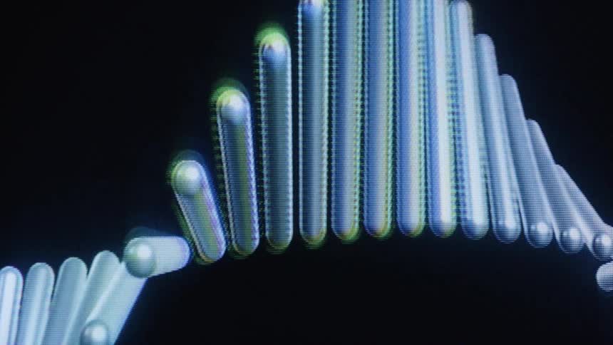 A looping close-up animation of a digital DNA strand rotating on a black background