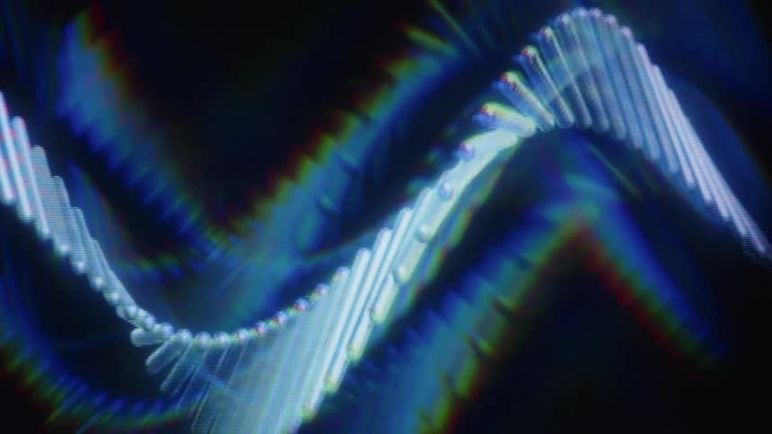 A mesmerizing animation of a glowing blue DNA-like helix slowly undulating against a dark background with prismatic light effects