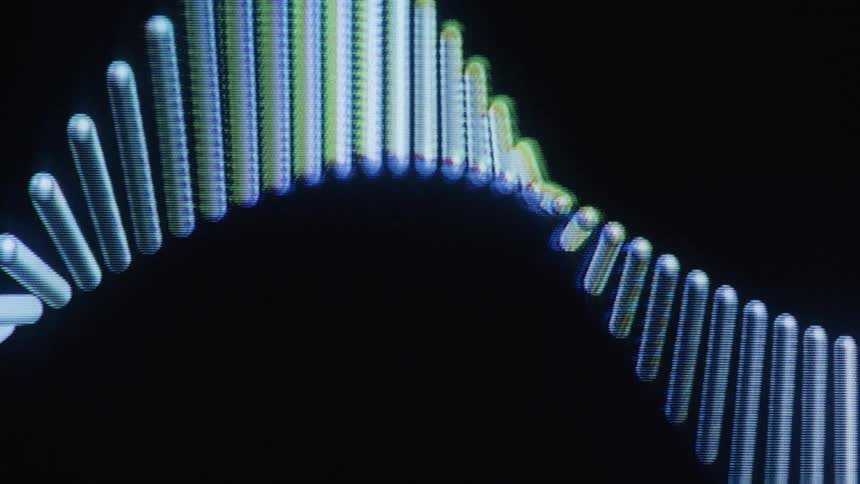 A close-up of a digital DNA strand model with a vintage CRT screen effect rotating in slow motion against a black background
