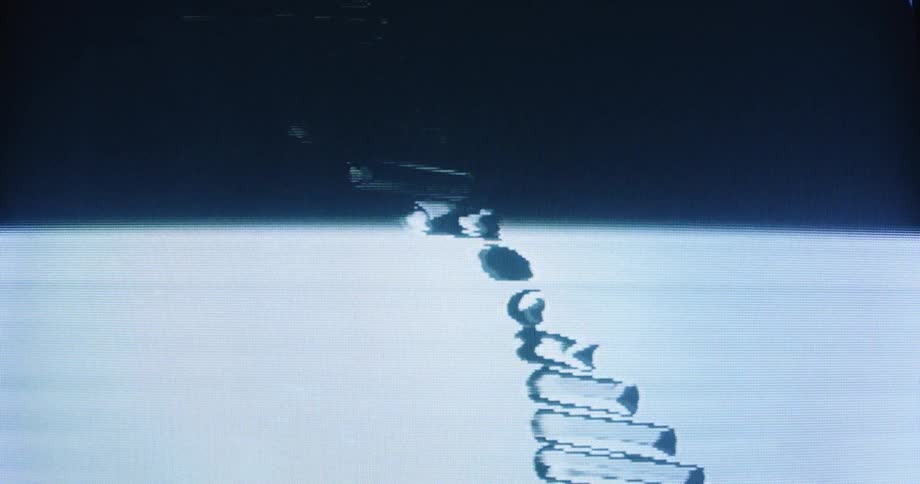 A pixelated, 3D computer animation of a rotating DNA double helix with retro glitch effects and scan lines