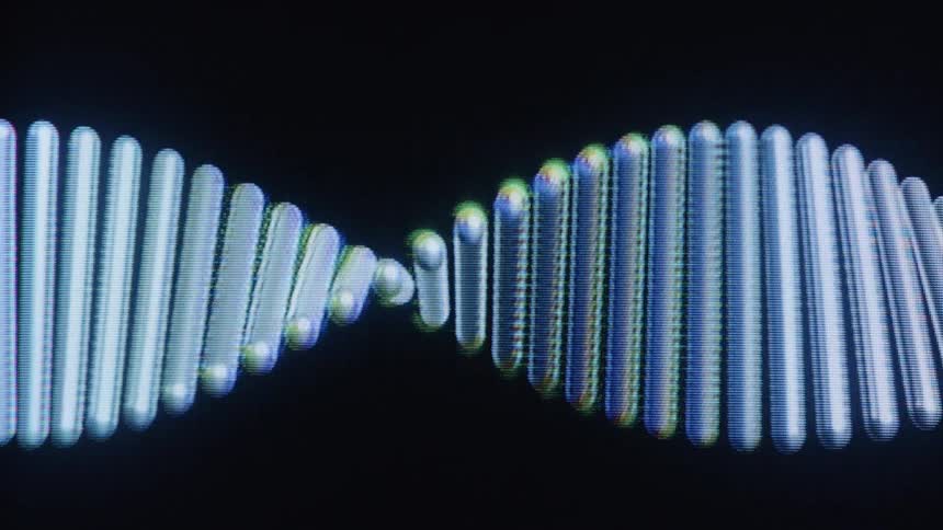 A digital 3D rendering of a DNA double helix rotates slowly with a retro screen-like effect on a black background