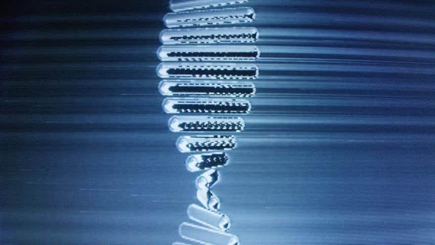 Close up of a looping, stylized DNA strand animation rotating with a retro, glitchy, static effect