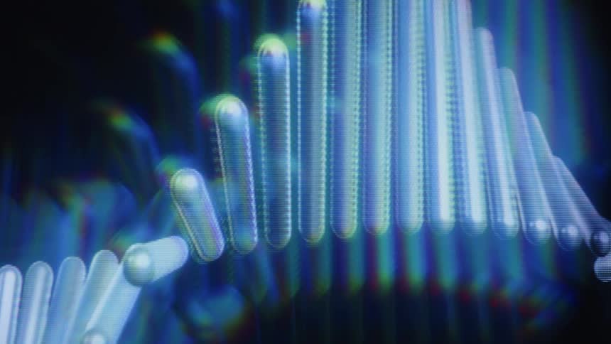 A stylized animation of a glowing blue DNA double helix rotating with a digital screen and prismatic effect