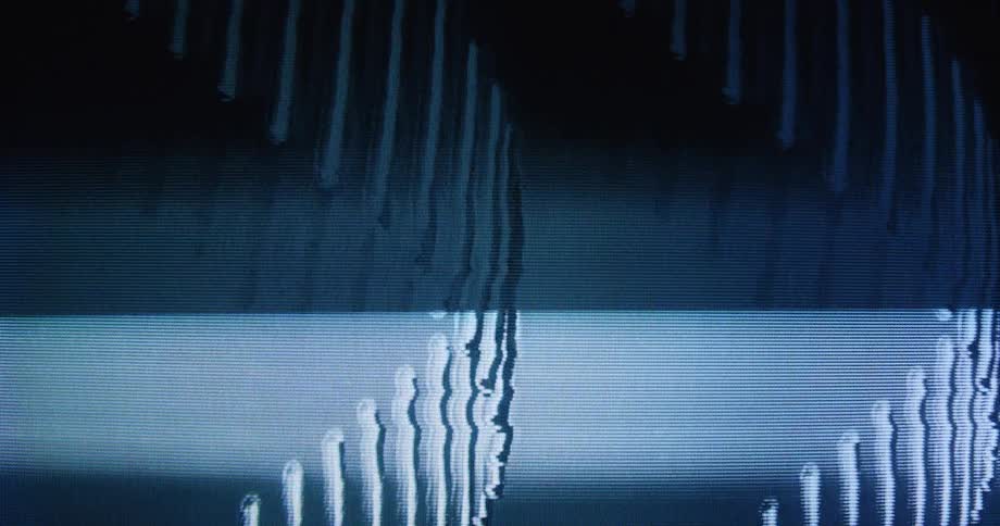 Abstract wavy lines and digital noise create a glitchy pattern on a dark CRT screen