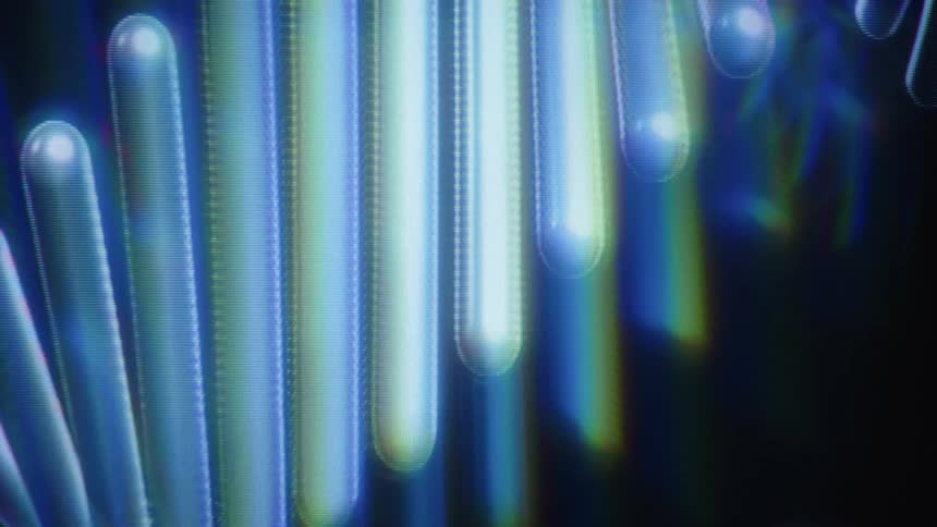 A futuristic animation of a glowing blue DNA double helix strand slowly rotates and moves with a digital screen overlay
