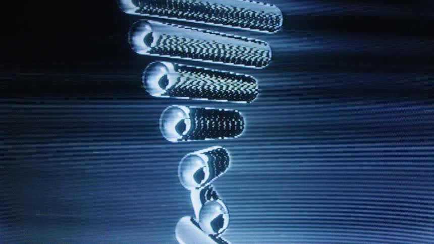 A column of abstract chrome cylinders filled with digital noise and static animates with a glitch effect on a dark, futuristic background