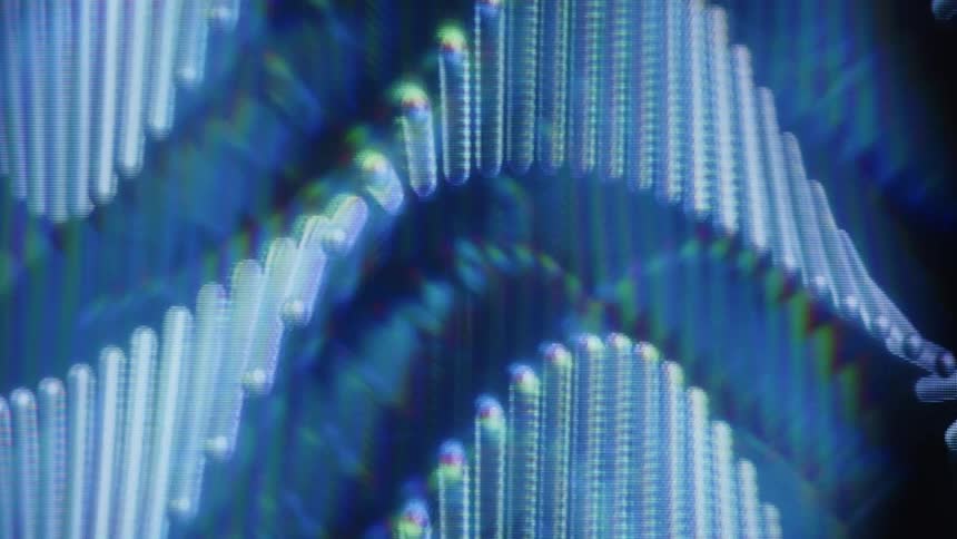 An abstract, glowing blue animation of a DNA double helix rotating with digital screen effects