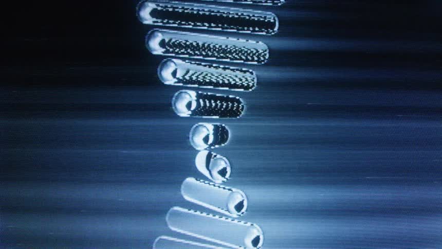 A scientific animation of a rotating DNA molecule displayed on a retro computer screen with glitchy distortion effects