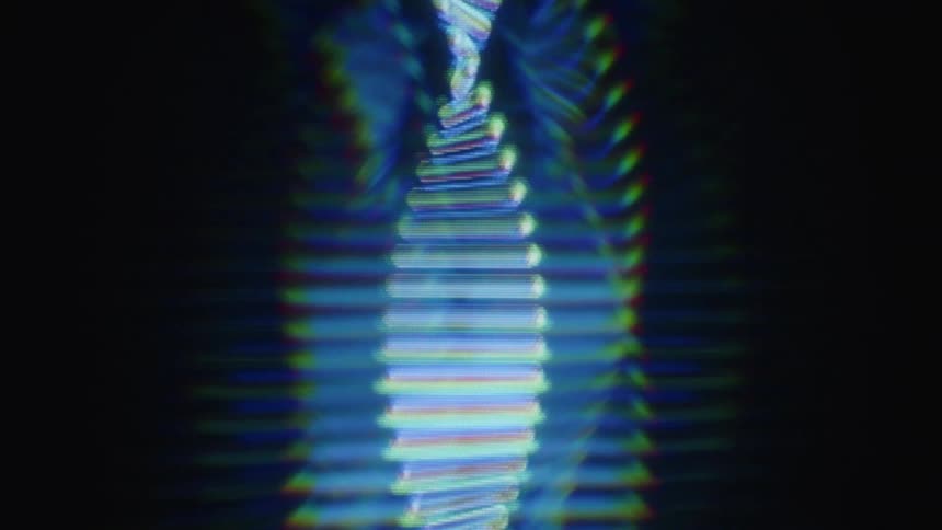 A stylized, rotating DNA double helix animation with a retro, glitchy, holographic visual effect on a black background