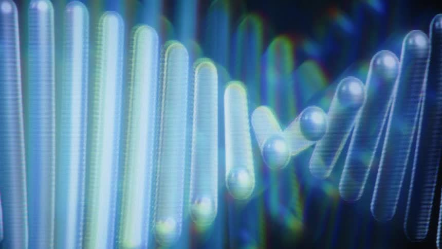 An abstract animation of a glowing blue DNA molecule with a digital screen effect