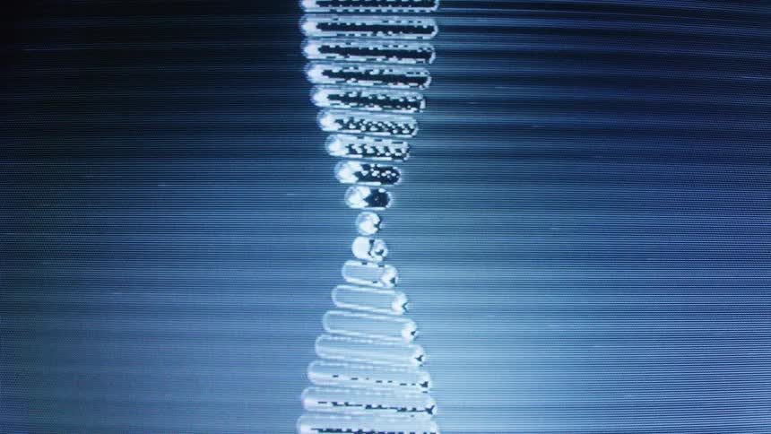 A stylized, digital animation of a DNA double helix rotating vertically on a blue background with a retro scan line effect