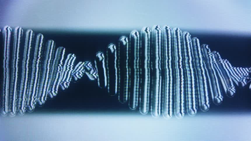 A glitchy and distorted animation of a rotating DNA double helix on a retro analog screen