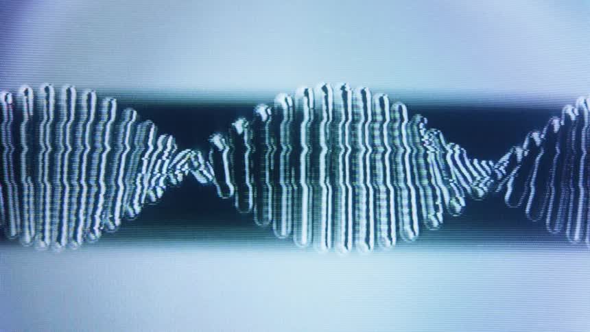 A stylized animation of a rotating DNA double helix with a distorted, glitchy retro CRT monitor effect
