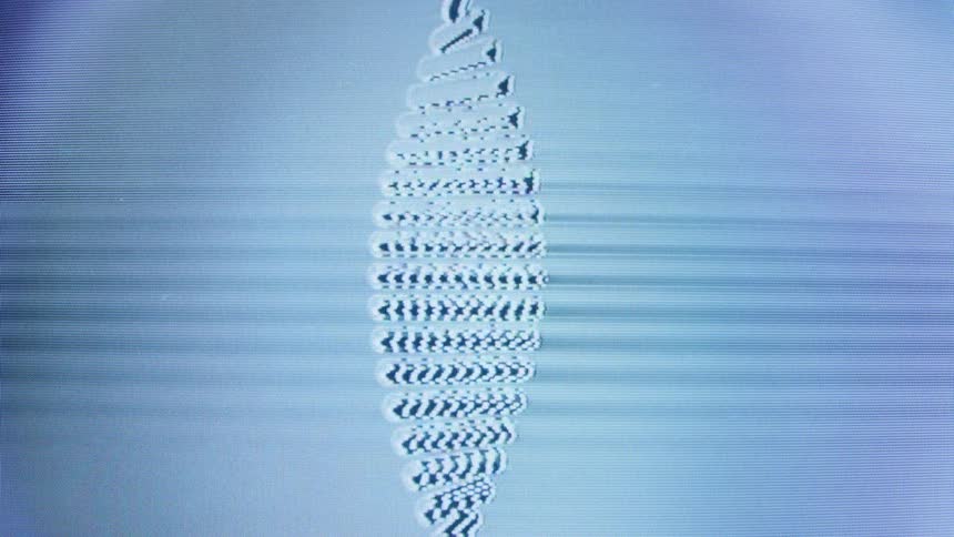 A bad signal and vertical roll on a CRT television screen create a hypnotic, glitchy pattern