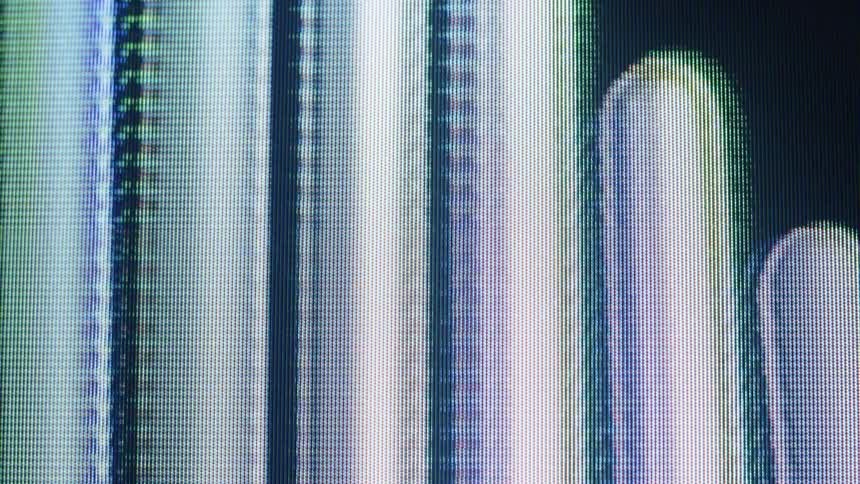Abstract digital animation of glowing rounded bars and static interference on a pixelated screen