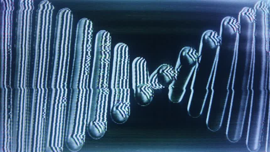 An abstract, retro-style animation of a rotating DNA helix with heavy CRT television glitch and distortion effects
