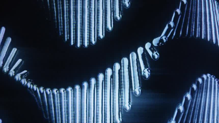 An abstract animation of a glowing blue DNA double helix rotating on a digital screen