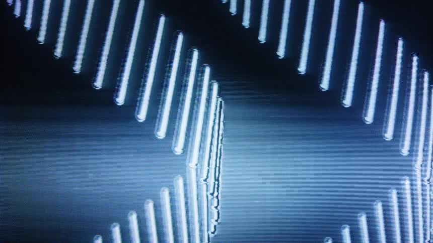 A mesmerizing, looping animation of a rotating, glowing helix on an old CRT screen creates an abstract, retro-futuristic visual