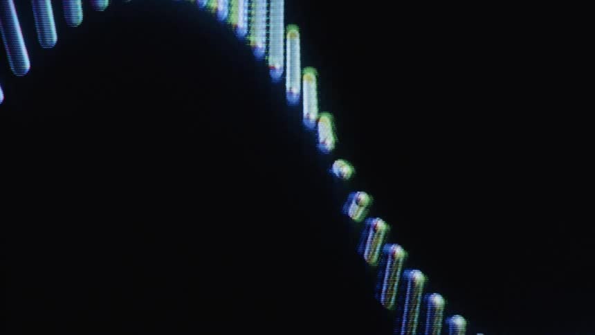 A close-up, abstract digital rendering of a DNA strand slowly turning against a black background with a retro screen effect