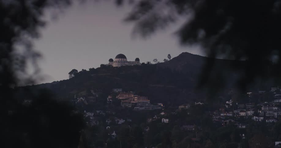 The illuminated Griffith Observatory sits atop the Hollywood Hills at dusk, viewed from a distance through silhouetted trees