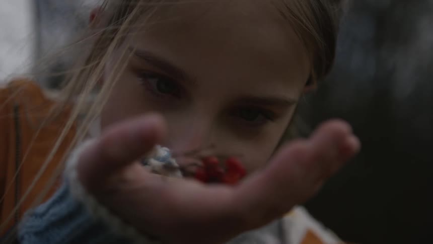 A young girl with a curious expression holds a small sprig of red berries in the palm of her hand in a soft-focus close-up