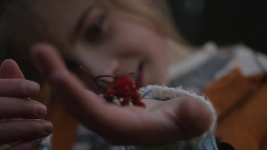 A young girl smiles with wonder as she examines a small bunch of wild red berries in the palm of her hand