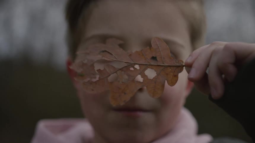 A smiling child's face is seen in a shallow focus close-up as they hold a decaying autumn leaf over their eye