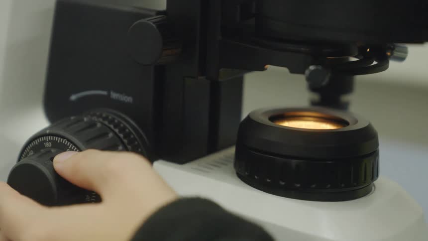 A scientist's hand carefully adjusts the focus knob on a laboratory microscope