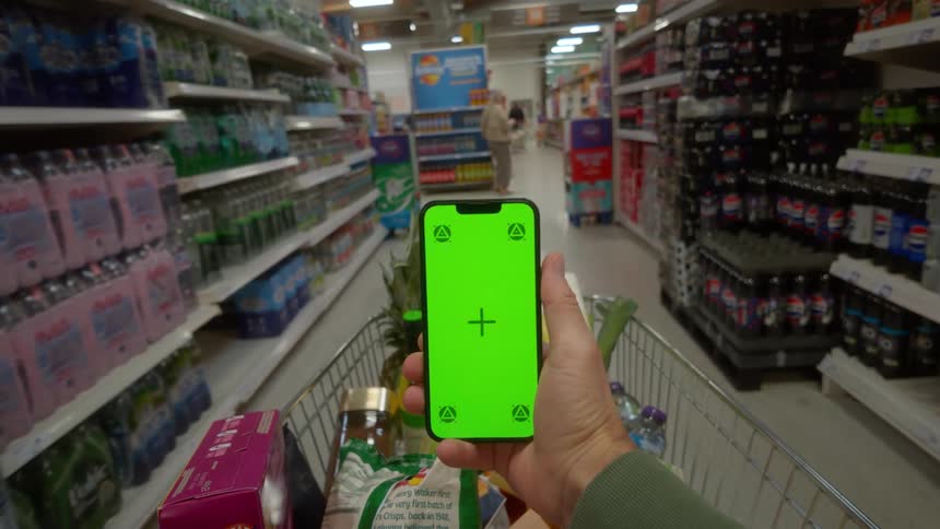 First-person view of a shopper holding a smartphone with a green screen while pushing a cart through a supermarket aisle